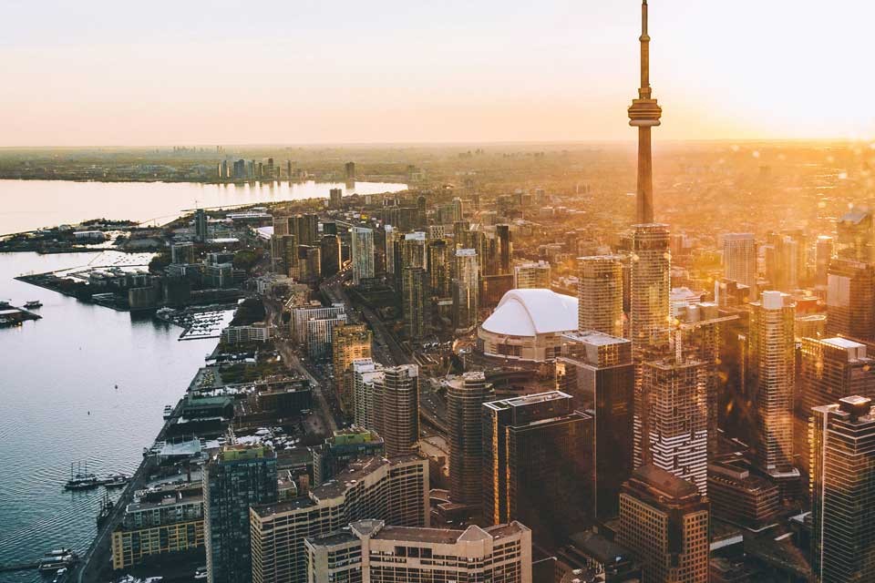 an aerial image of Toronto's skyline from a plane