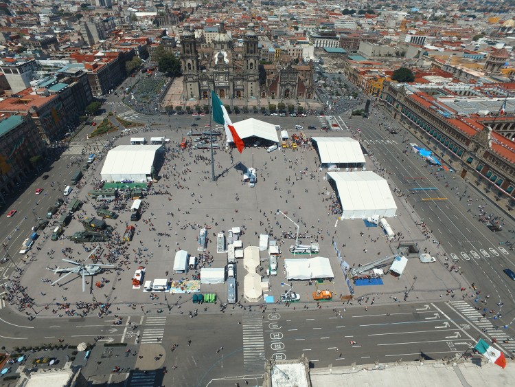 Mexico City square with national flag.