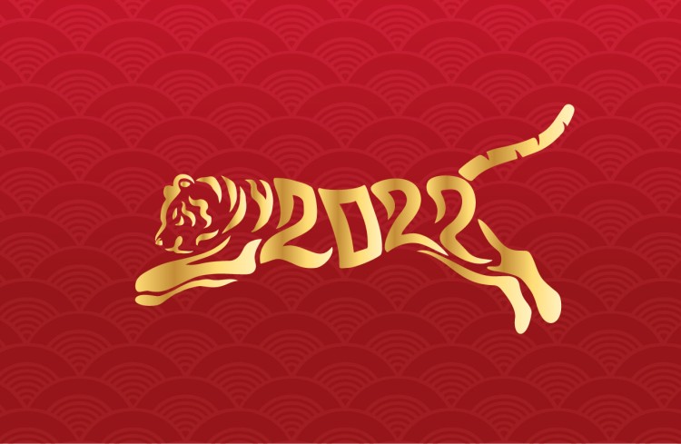 a lunar new year gold tiger with 2022 printed inside his stripes