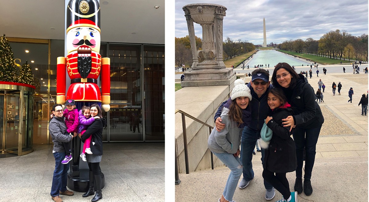 Sema with her family in New York City in front of her office building in 2015 and during a Thanksgiving trip to Washington, DC in 2019.